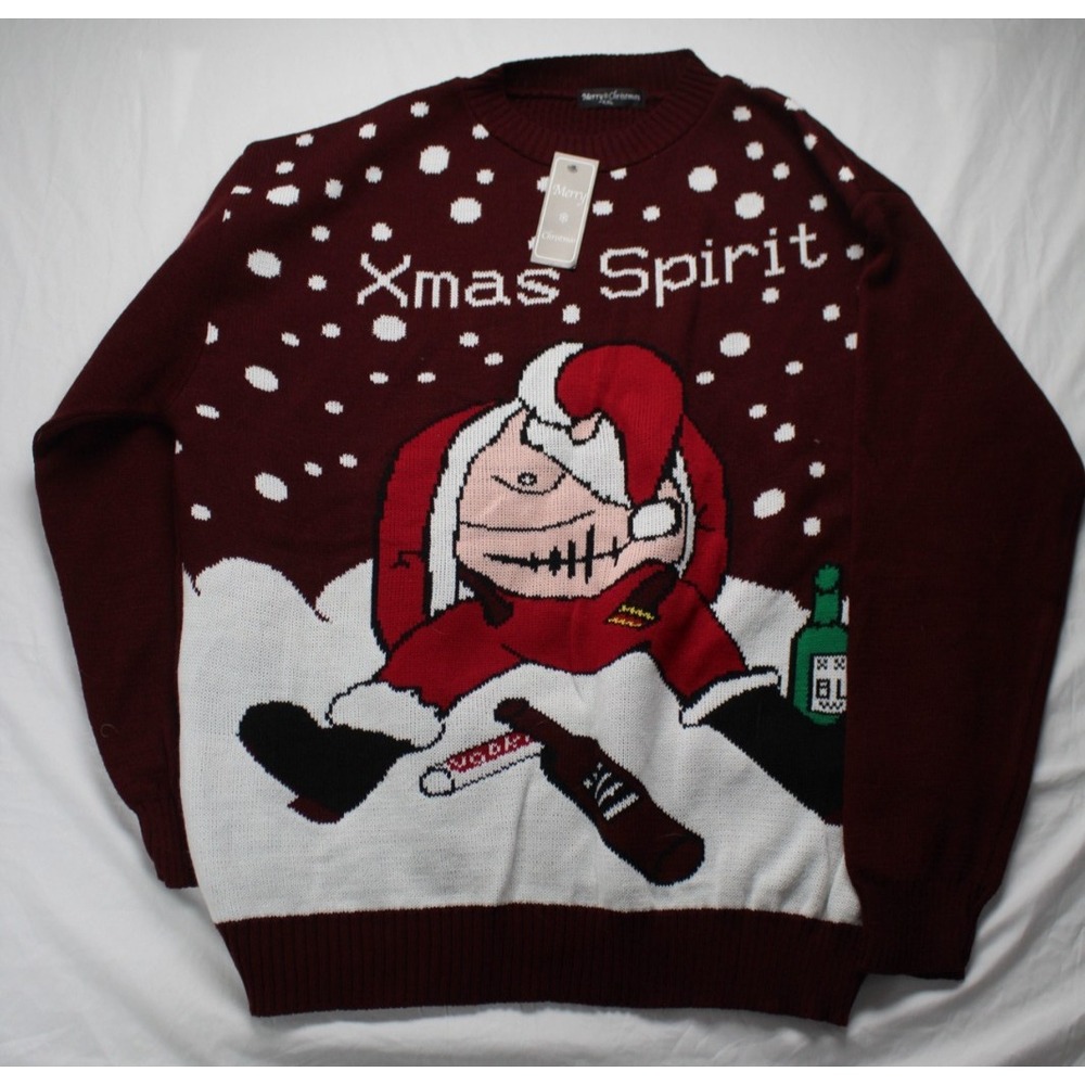 Merry Christmas Ugly Sweater Santa Xmas Spirit Burgundy Red Drunk Santa Size 4XL